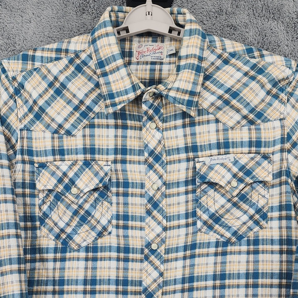 True Religion Shirt Mens 2XL Plaid Flannel Pearl Snaps Horseshoe Dual Pockets